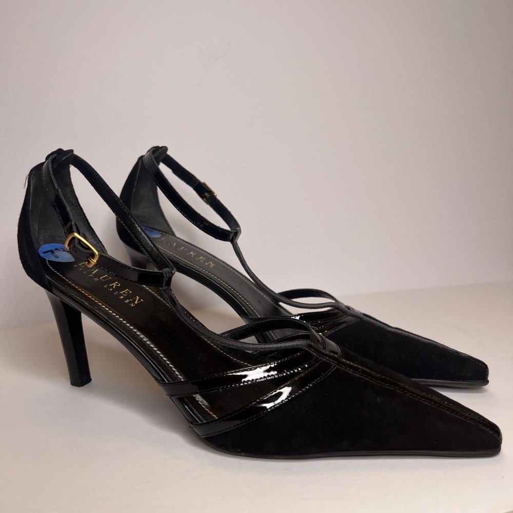 Vintage Y2K Lauren Ralph Lauren Winona Heels 7.5B Black T Strap Pointed Toe